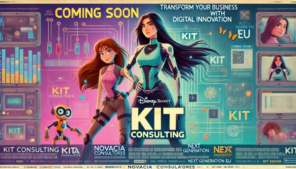 Descubre el Kit Consulting: con nuestras consultoras en un entorno digital con gráficos y circuitos. Logos de Novacia Consultores y Next Generation EU.